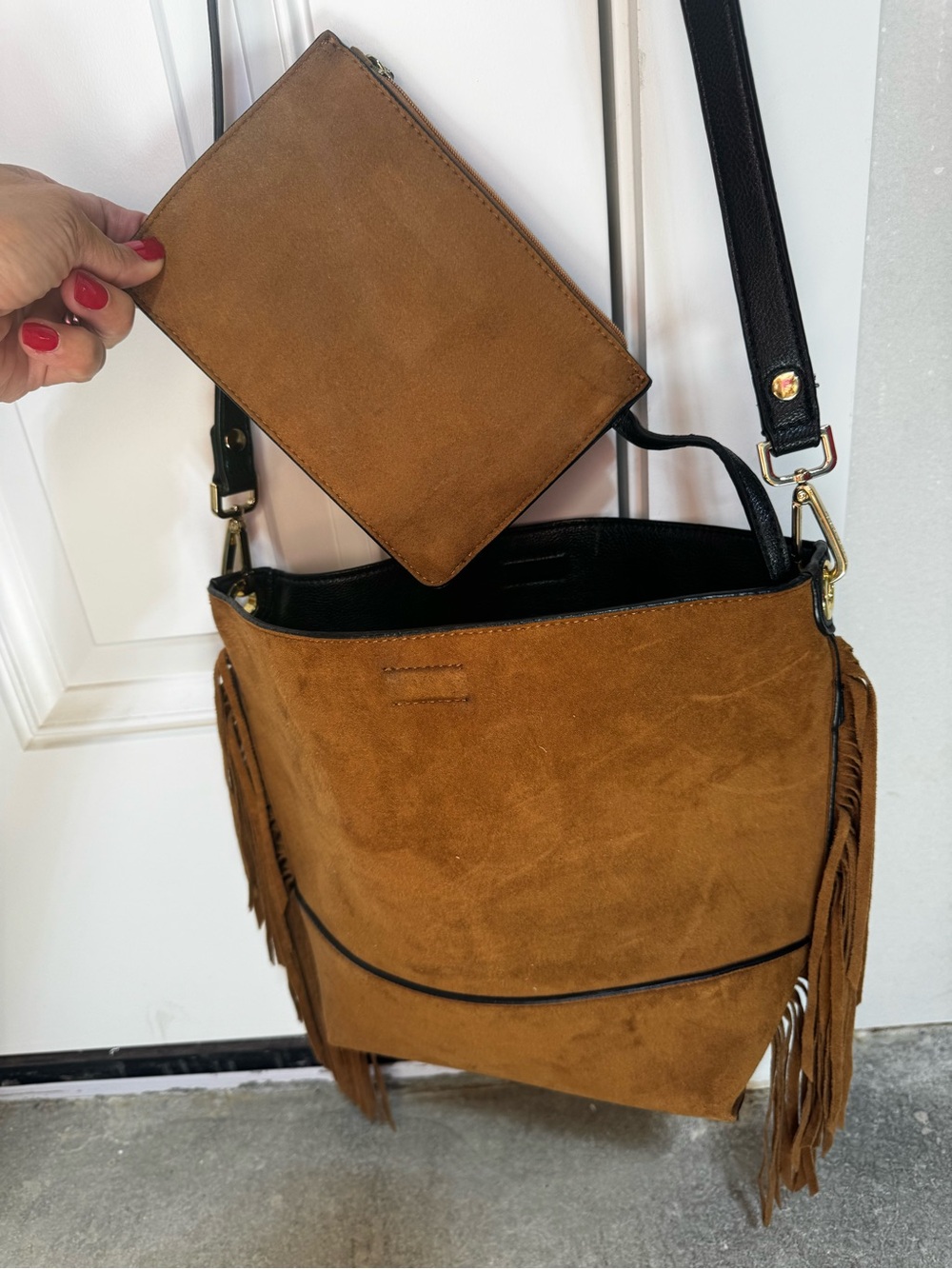 Calvin Klein Suede Fringe Bucket Bag with Removable Pouch - Tan/Carmel